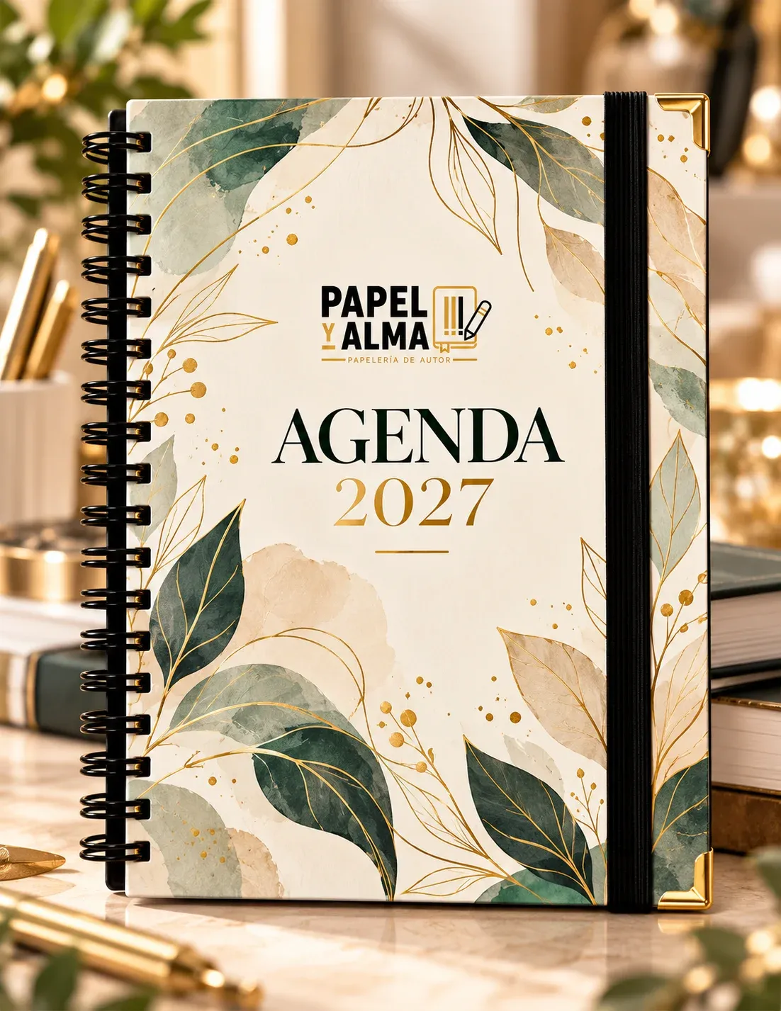 Agenda 2027 de tapa dura con detalles florales dorados y cierre elástico
