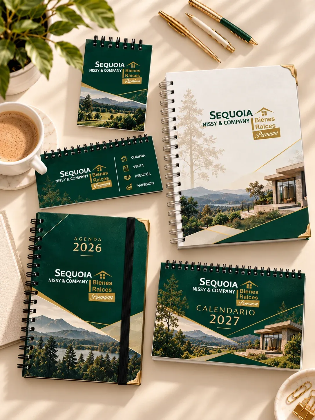 Kit corporativo de libretas, agendas y calendario en verde y dorado