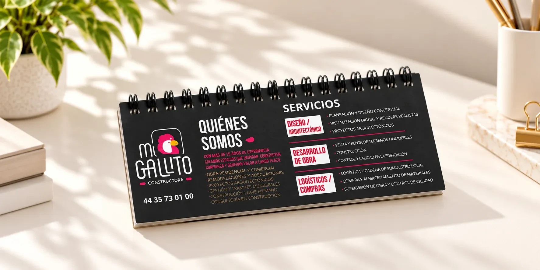 Bloc de escritorio horizontal negro con datos de contacto